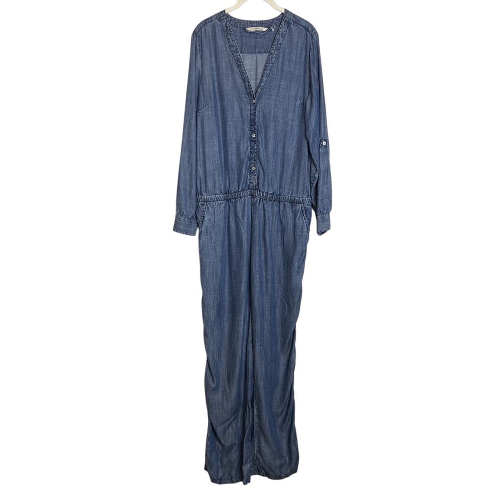 Soft Surroundings Tencel Chambray Jumpsuit Size Large Blue Button Front Roll Tab
